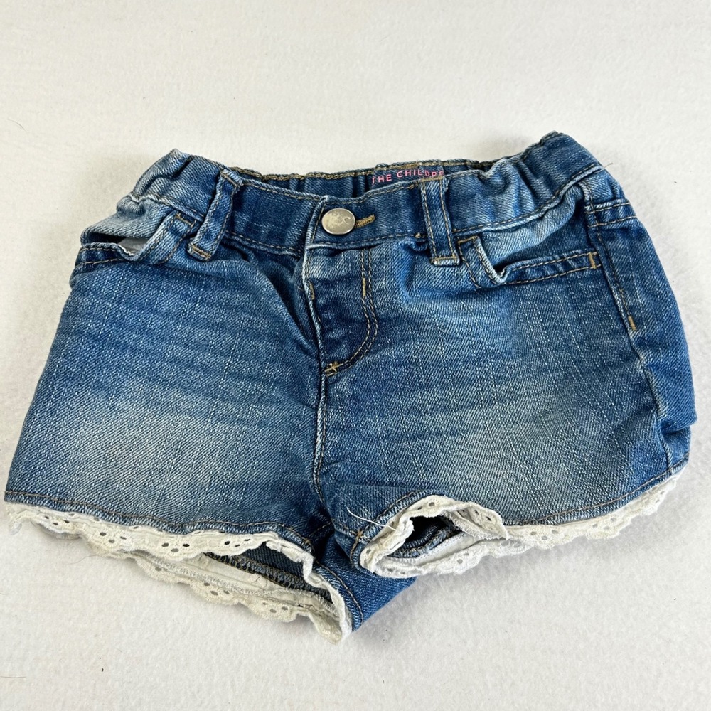 The Childrens Place Denim Shorts Girls 2T Blue Lace Trim‎ Elastic Waist
